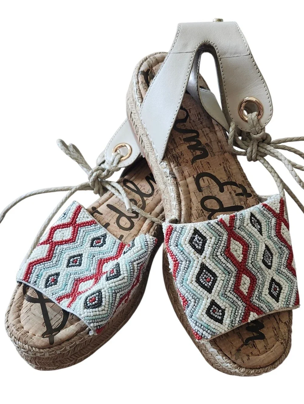 Sam Edelman Neera Beaded Platform Espadrille Sandal Lace Up Ivory Multi Size 9